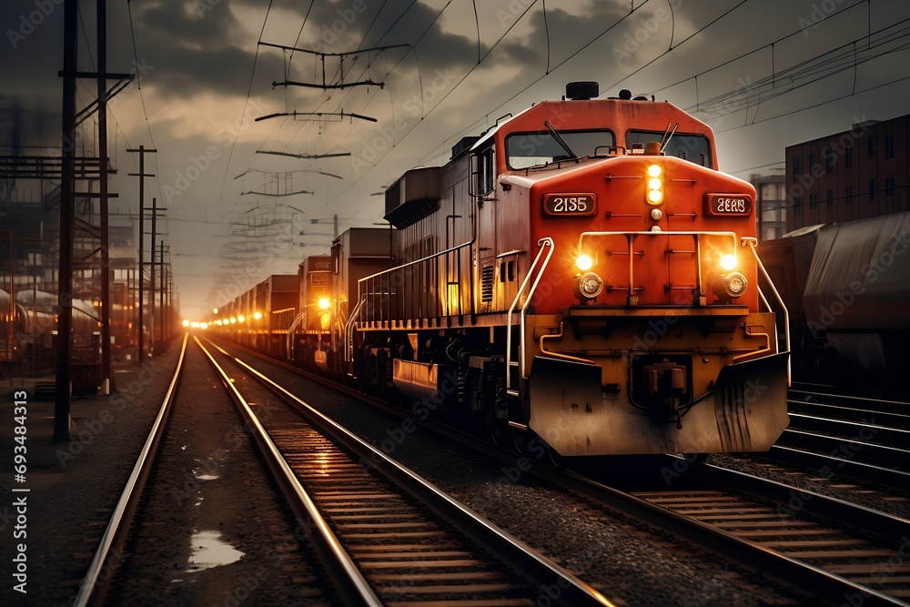 Obraz premium Freight train at sunset. Freight transportation. 3D rendering