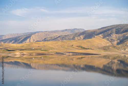 View of the Tigris River. Reflection of the mountains in the river.