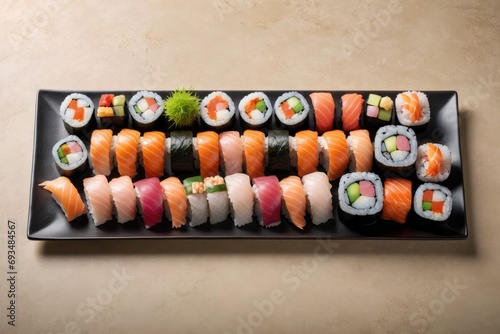 plate with fresh variety sushi with copy space