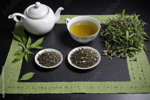 raw herbal tea ingredient with teapot green placemat black surface