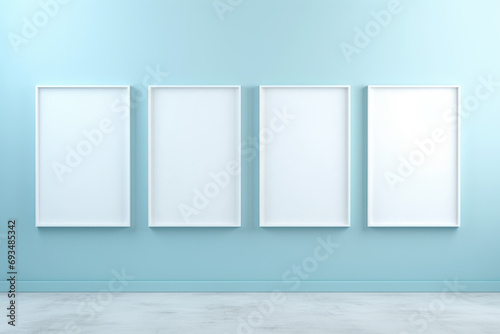 light blue interior wall with four mockup image frames