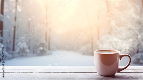 Portrait of a mug of hot chocolate or coffee against winter background with space for text, background image, generative AI photo