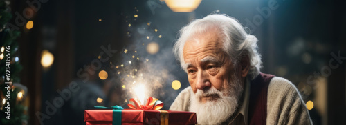 Sad old grandfather in the New Year. Upset man at Christmas feeling bored, thinking about problems, feeling lonely, sad, depressed, suffering from apathy, loneliness during holidays. Myrealholiday