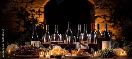 Sophisticated wine cellar with wine bottles and glasses for an exquisite tasting experience photo