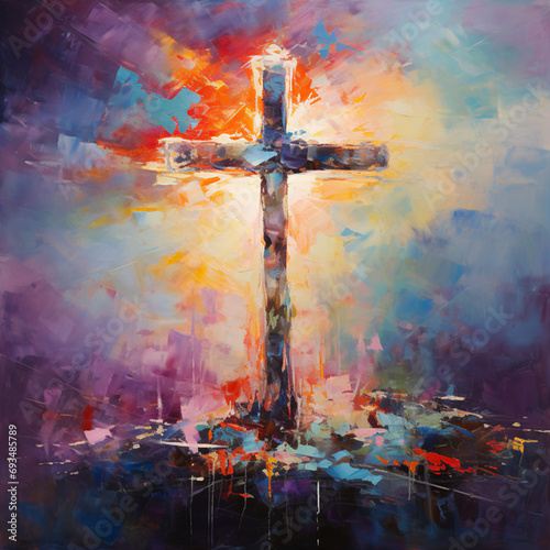 Impressionistic Canvas Painting of a Cross with Soft Brush Strokes and Light Emphasis
