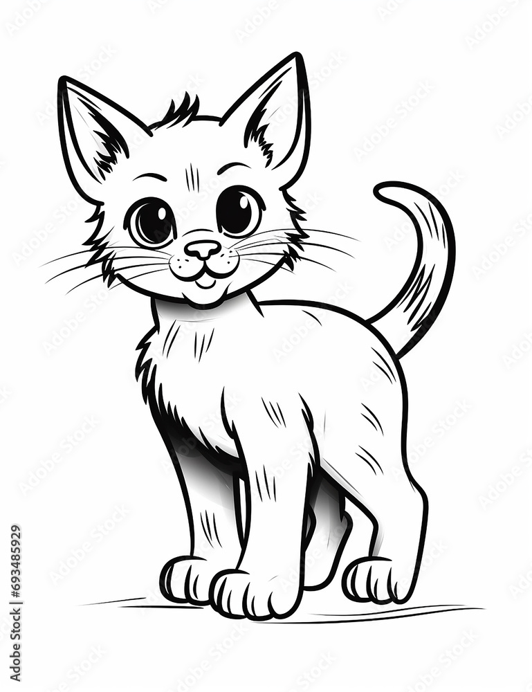 cute kitty, black and white coloring page for kids, realistic style, line art, detailed, black lines only