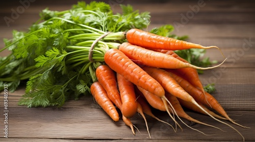 Fresh organic carrots arranged in a beautiful pattern on a clean white wooden background