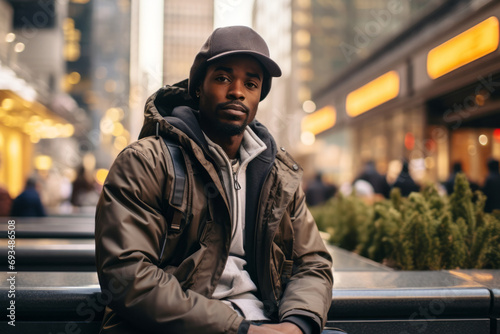 A serious young man, African American, wearing a warm jacket and a baseball cap.Portrait of a black guy sitting on a bench on a city street. A young man of African American origin is sitting on a
