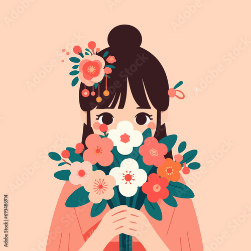 Flat Vector Illustration of a girl posing with a flower bouquet, confession to love concept, love vector illustration, aesthetic vector illustration, valentine vector illustration, 