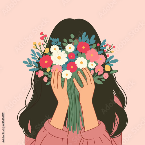 Flat Vector Illustration of a girl posing with a flower bouquet, confession to love concept, love vector illustration, aesthetic vector illustration, valentine vector illustration, 