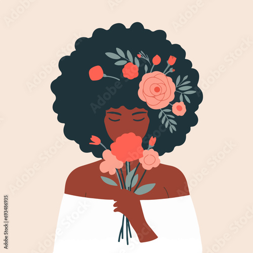 Flat Vector Illustration of a girl posing with a flower bouquet, confession to love concept, love vector illustration, aesthetic vector illustration, valentine vector illustration, 