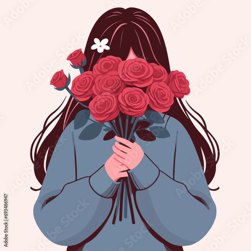 Flat Vector Illustration of a girl posing with a flower bouquet, confession to love concept, love vector illustration, aesthetic vector illustration, valentine vector illustration, 