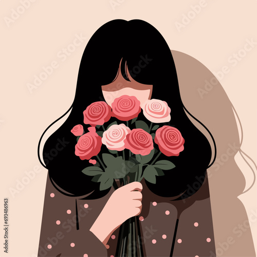 Flat Vector Illustration of a girl posing with a flower bouquet, confession to love concept, love vector illustration, aesthetic vector illustration, valentine vector illustration, 