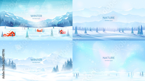 Winter banners. Snow-covered mountains and valleys, fir trees in snowdrifts, clear sky, sunny frosty day. Adventure tourism, active recreation in winter, hiking. Vector images.