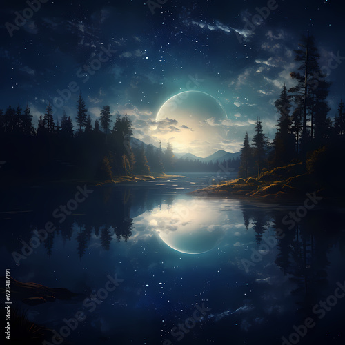 A serene night scene with a crescent moon reflected on a calm lake