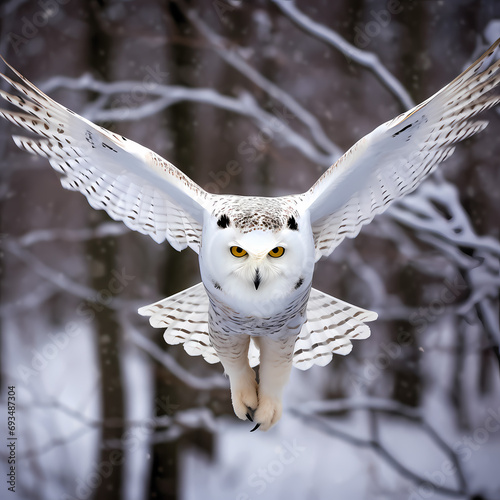 A snowy owl in flight against a backdrop of snow-covered trees