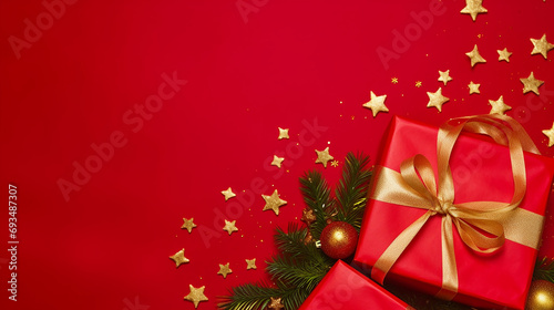 christmas gift packaging on red background, in the style of the stars