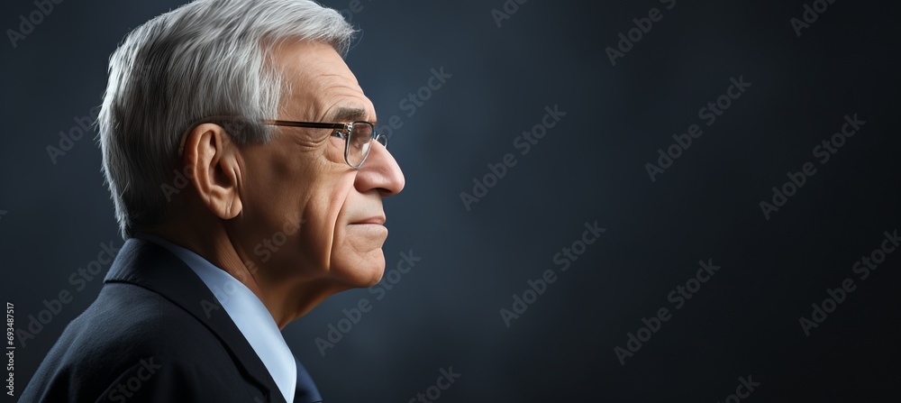 Fototapeta premium Senior businessman in formal wear with eyeglasses, looking away on grey studio background