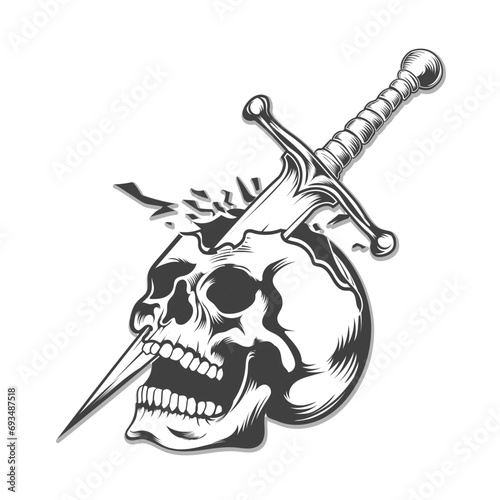a big knife hits a skull and it brokend vector design