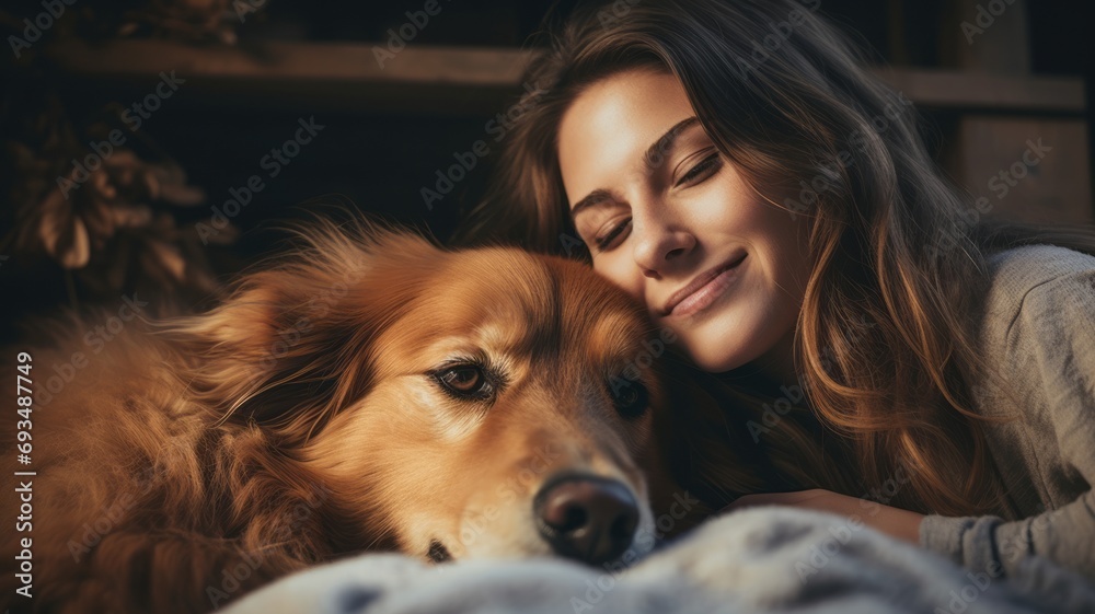 Portrait of a beautiful young woman hugging a dog , close-up