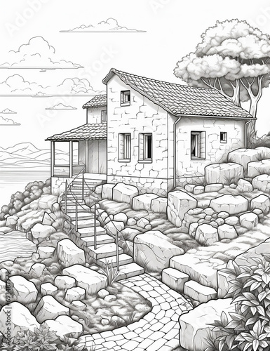 a coloring page for adults, Croatian Rural Home, Mediterranean style, often with stone work