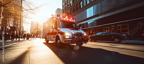 Emergency ambulance speeding through city streets with sirens blaring to respond to an urgent call