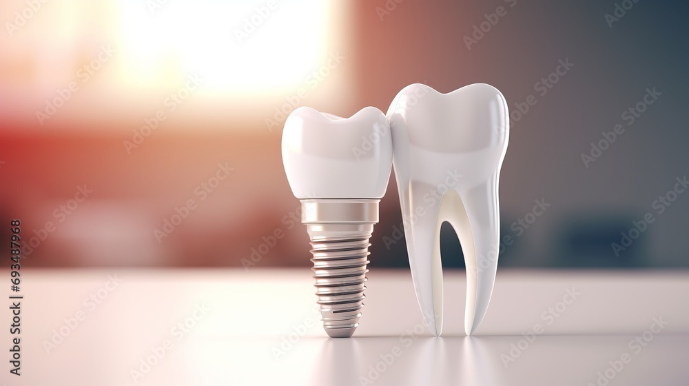 Close up of dental implant on blurred defocused background with copy space for text placement - obrazy, fototapety, plakaty 