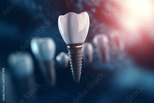 Professional dental implant on blurred defocused background with copy space for text placement