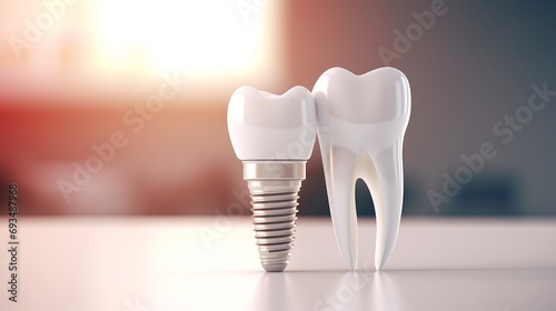 Close up of dental implant on blurred defocused background with copy space for text placement