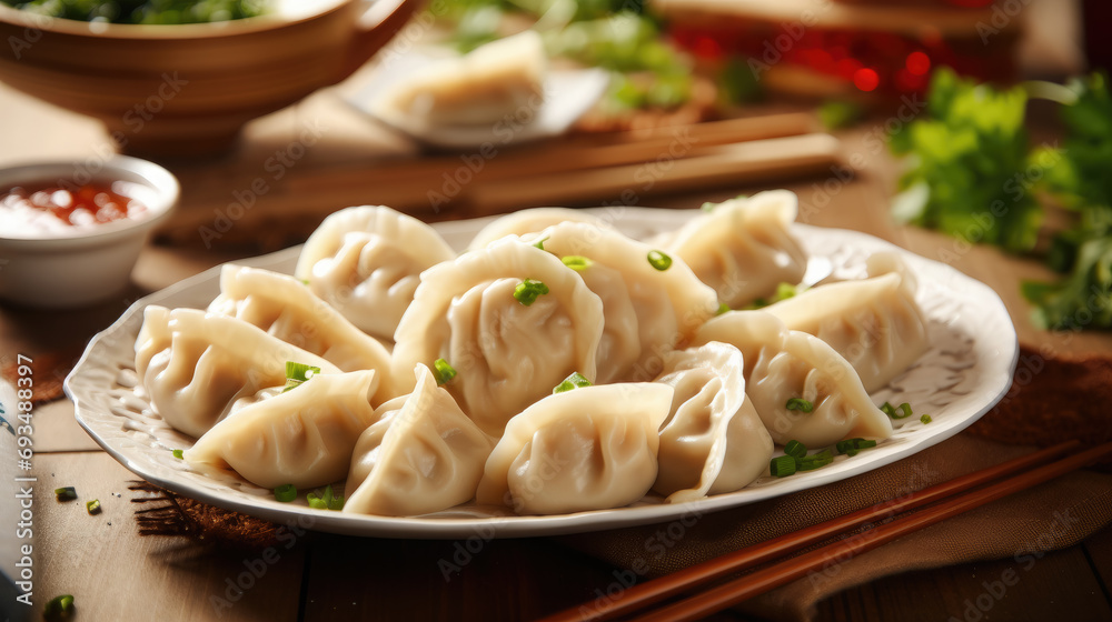 festive Chinese New Year table, Jiaozi dumplings, decor, lunch, dinner, feast, national traditional food, delicious treats, meal, celebration, holiday festive Chinese New Year table, Jiaozi dumplings, decor, lunch, dinner, feast, national traditional food, delicious treats, meal, celebration, holiday