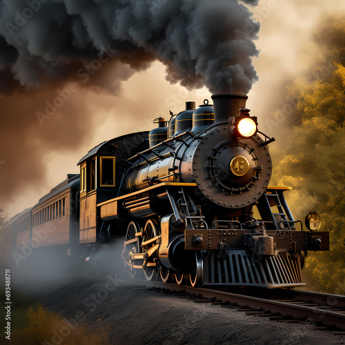 A vintage steam locomotive billowing smoke as it chugs along