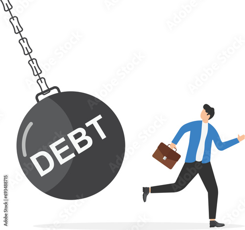 Businessman running away from huge pendulum with message "debt", financial crisis in tax. Modern vector illustration in flat style

