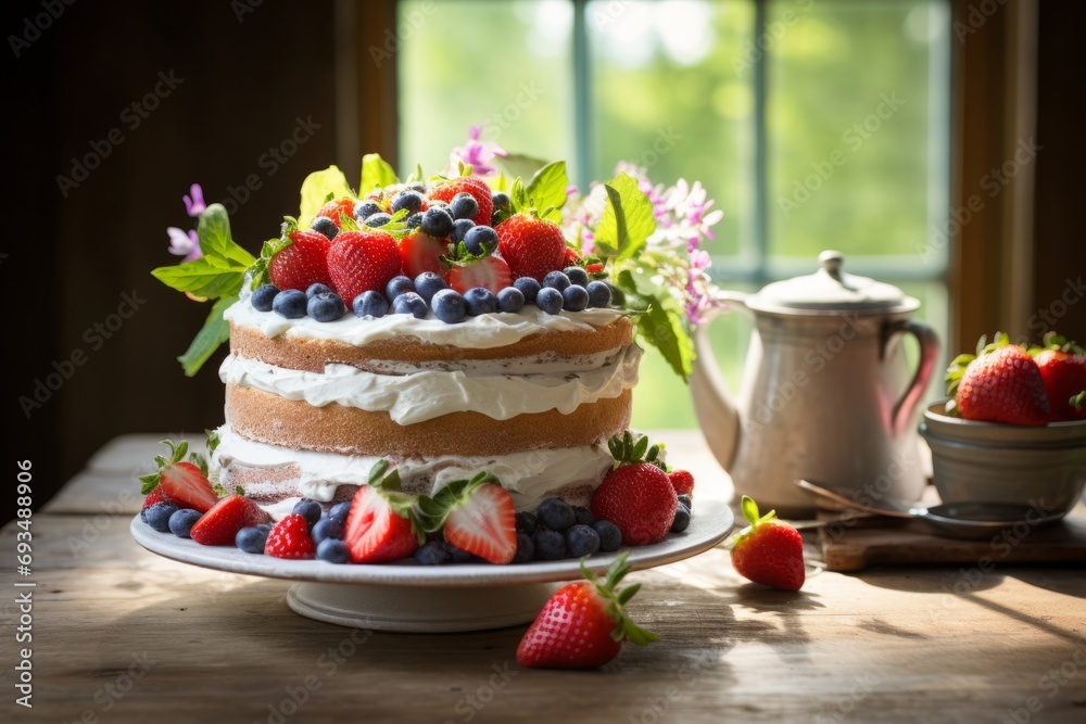 A mouthwatering vanilla cake topped with luscious strawberries and succulent blueberries, resting on a rustic wooden table, with a backdrop of sunlight streaming through a kitchen window A mouthwatering vanilla cake topped with luscious strawberries and succulent blueberries, resting on a rustic wooden table, with a backdrop of sunlight streaming through a kitchen window