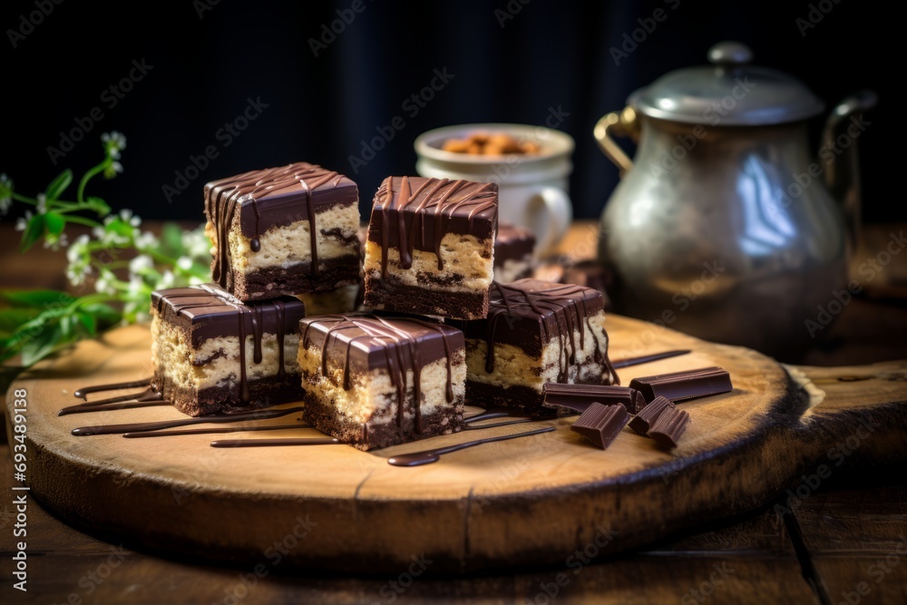 A tempting collection of homemade Nanaimo bars, a Canadian sweet treat, set against a backdrop of charming vintage kitchenware