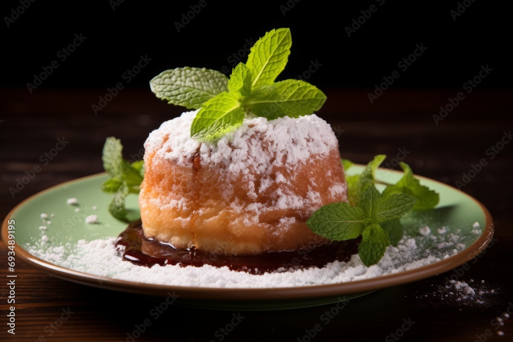 The appetizing sight of a traditional Brazilian Bolo de Rolo dessert, adorned with fresh mint and dusted with sugar The appetizing sight of a traditional Brazilian Bolo de Rolo dessert, adorned with fresh mint and dusted with sugar