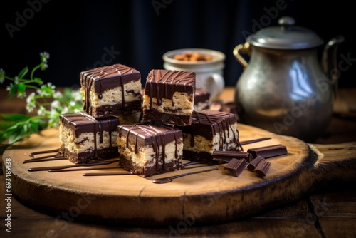 A tempting collection of homemade Nanaimo bars  a Canadian sweet treat  set against a backdrop of charming vintage kitchenware