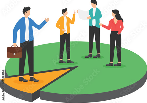 Niche market, small focused group of consumer or audience, unique or specific group of customers concept, businessman standing on small area of pie chart metaphor of niche market segment.

