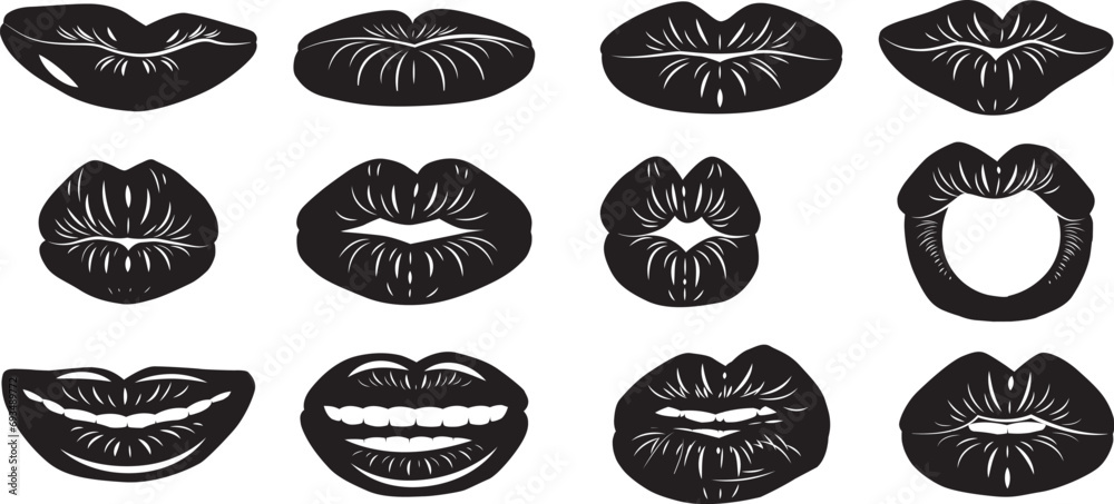 Lips black shape icon set. Vector silhouettes isolated on white background
