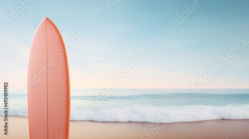  Surfing board in Peach Fuzz colors, background with selective focus and copy space, sea, blue sky.