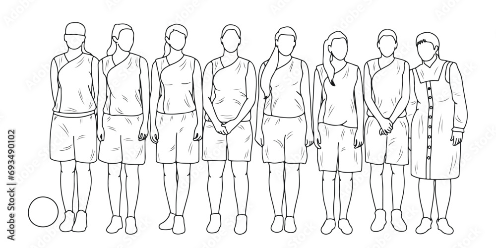 Hand drawn sketch of female basketball player athletes silhouettes, basketball, isolated vector Hand drawn sketch of female basketball player athletes silhouettes, basketball, isolated vector