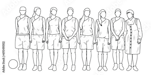 Hand drawn sketch of female basketball player athletes silhouettes, basketball, isolated vector photo