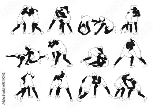 Outline silhouettes of athletes wrestlers. Greco Roman, freestyle, classical wrestling