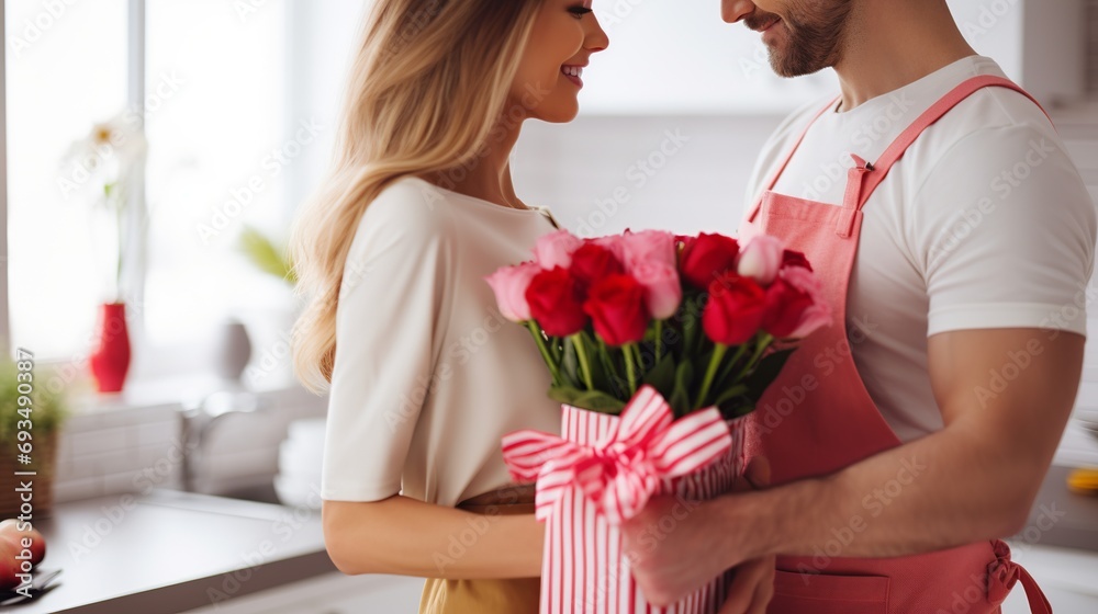 Man giving flowers to woman in a romantic gesture Man giving flowers to woman in a romantic gesture