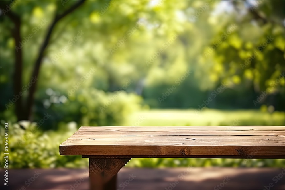 Rustic wooden table in nature. Blank board for summer and spring creations surrounded by greenery and bathed in sunlight Rustic wooden table in nature. Blank board for summer and spring creations surrounded by greenery and bathed in sunlight