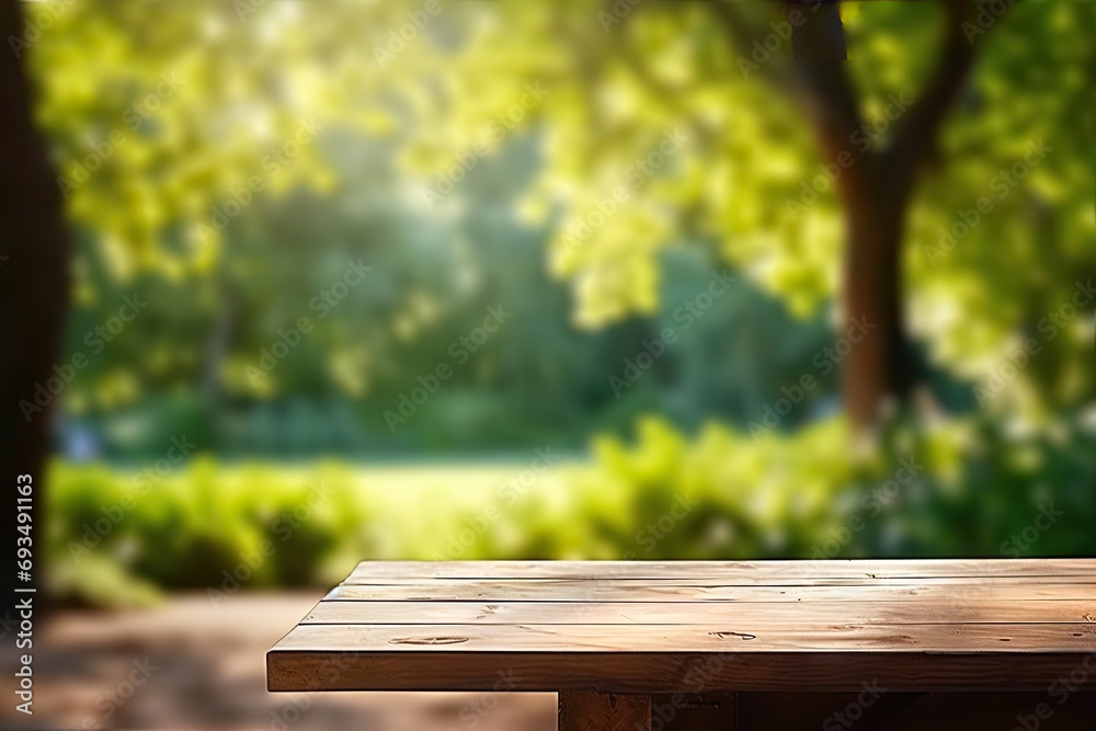 Rustic wooden table in nature. Blank board for summer and spring creations surrounded by greenery and bathed in sunlight Rustic wooden table in nature. Blank board for summer and spring creations surrounded by greenery and bathed in sunlight