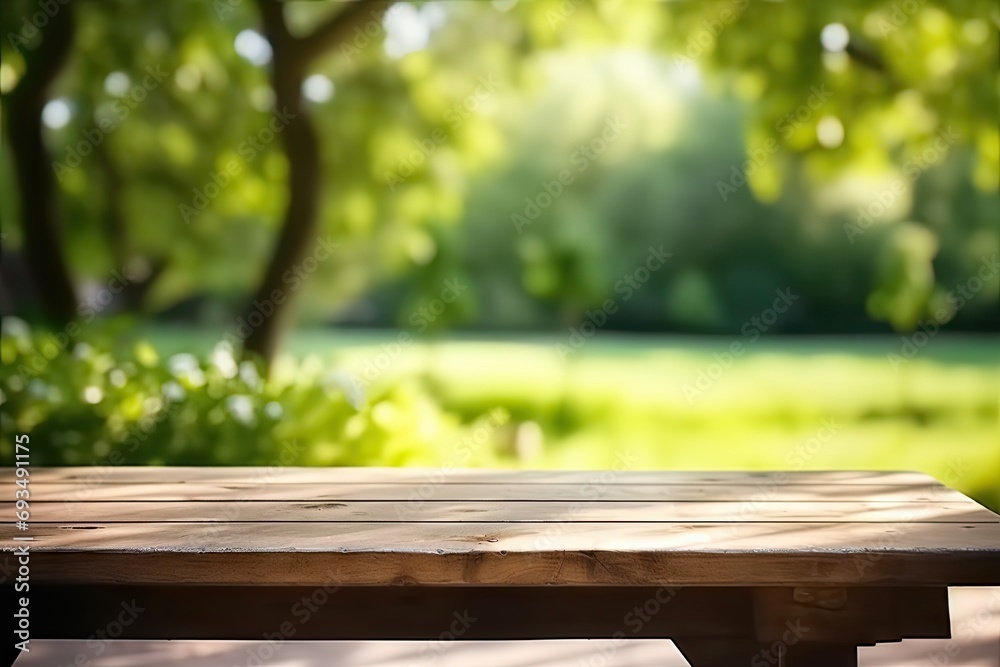 Rustic wooden table in nature. Blank board for summer and spring creations surrounded by greenery and bathed in sunlight Rustic wooden table in nature. Blank board for summer and spring creations surrounded by greenery and bathed in sunlight