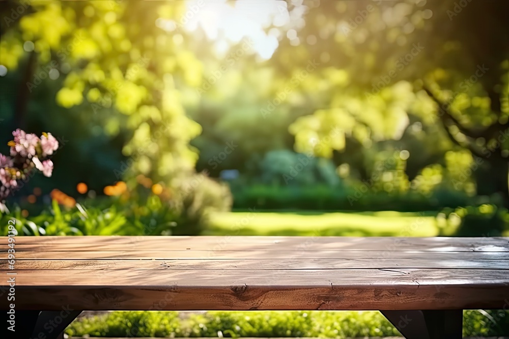 Fototapeta premium Rustic wooden table in nature. Blank board for summer and spring creations surrounded by greenery and bathed in sunlight