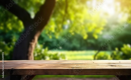 Rustic wooden table in nature. Blank board for summer and spring creations surrounded by greenery and bathed in sunlight