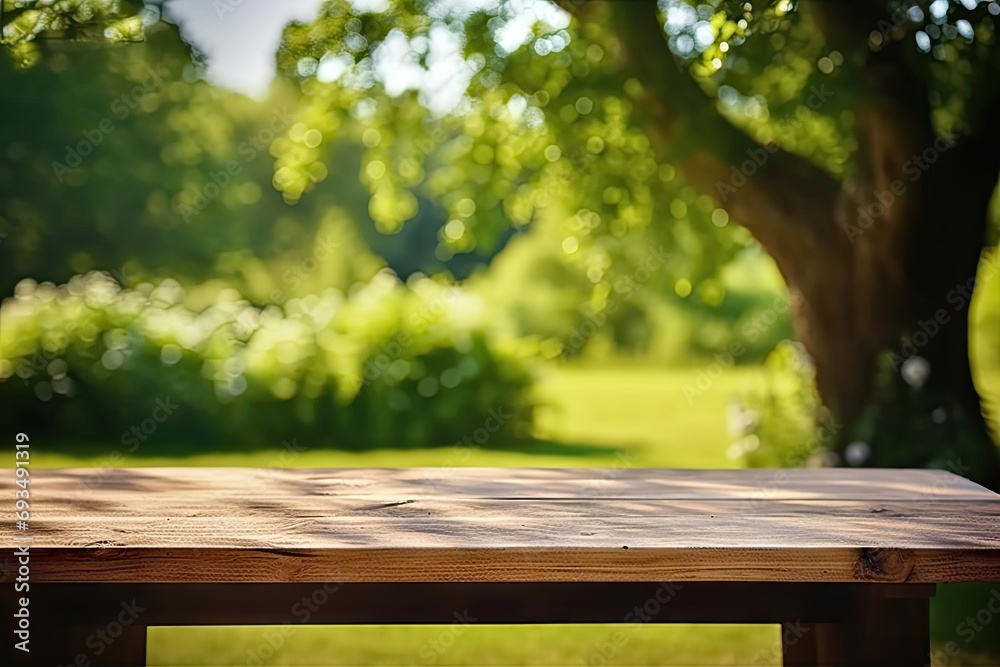 Rustic wooden table in nature. Blank board for summer and spring creations surrounded by greenery and bathed in sunlight Rustic wooden table in nature. Blank board for summer and spring creations surrounded by greenery and bathed in sunlight