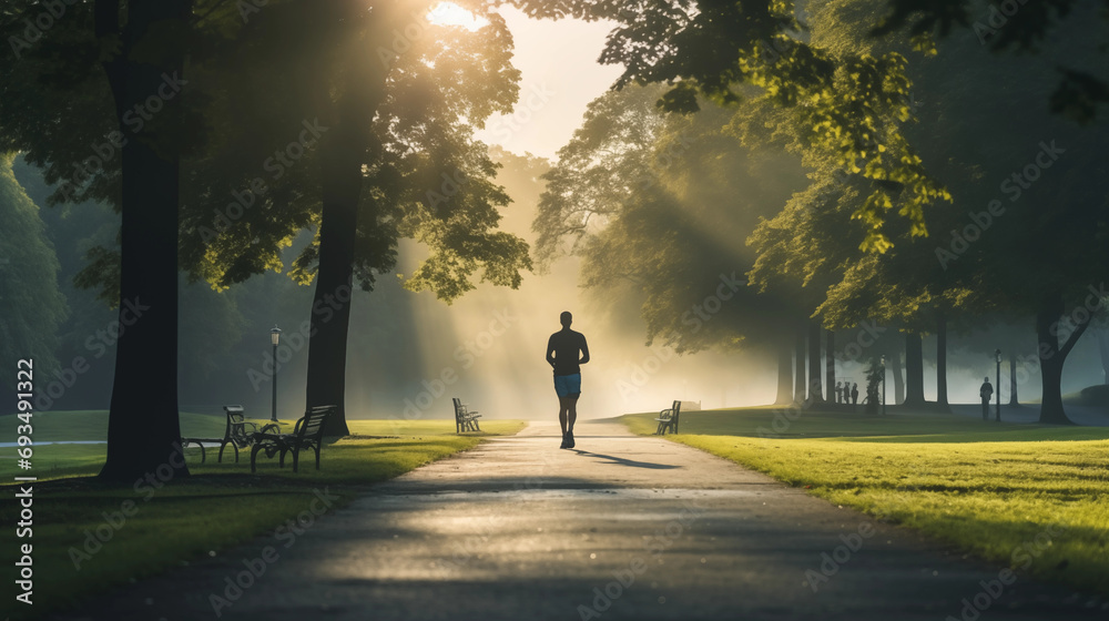 A person jogging in the park at dawn, morning routine, blurred background, with copy space